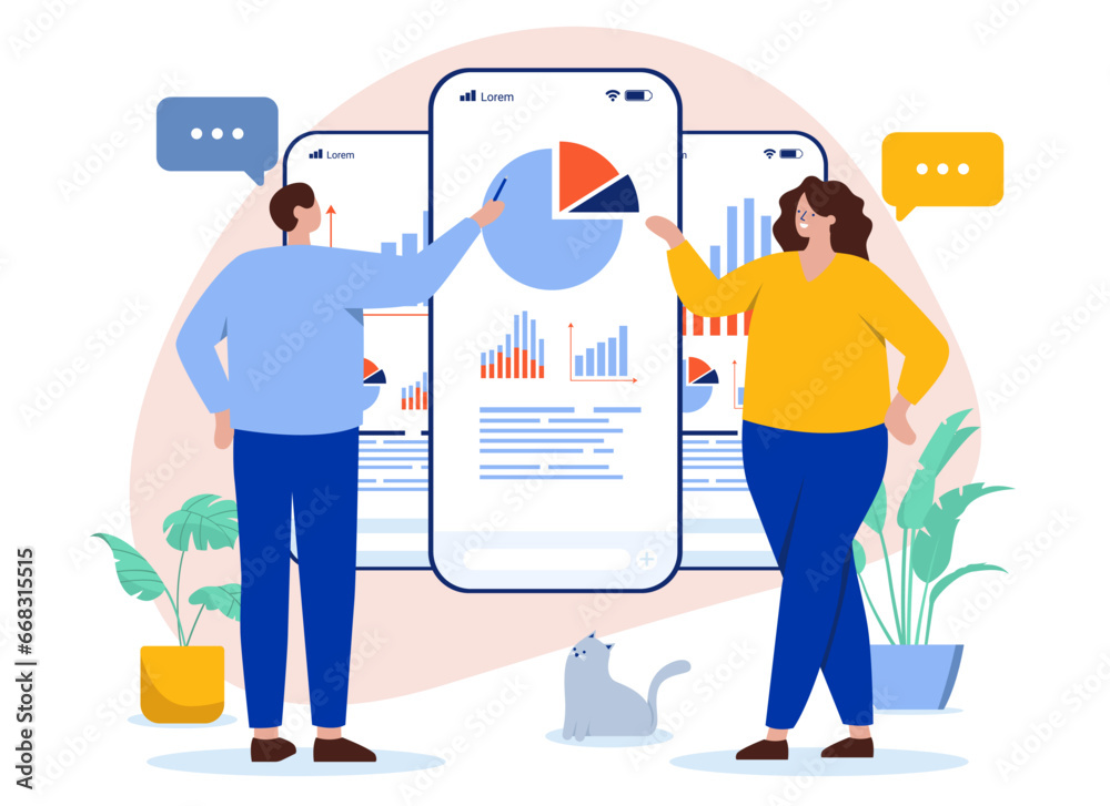 Leinwandbilder People analysing business data and charts - Vector illustration of man and woman looking at graphs and cake diagram on screen, pointing and discussing company result. Flat design with white background