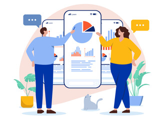 People analysing business data and charts - Vector illustration of man and woman looking at graphs and cake diagram on screen, pointing and discussing company result. Flat design with white background