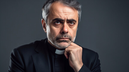Fictitious worried European Catholic priest AI generative - obrazy, fototapety, plakaty