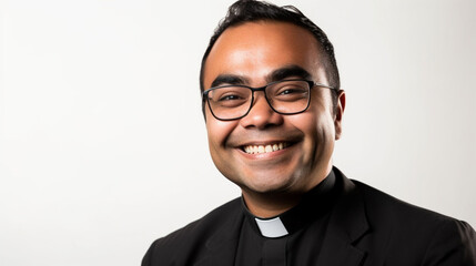 Fictitious smiling Asian Catholic priest AI generative - obrazy, fototapety, plakaty