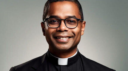 Fictitious smiling Desi Catholic priest AI generative