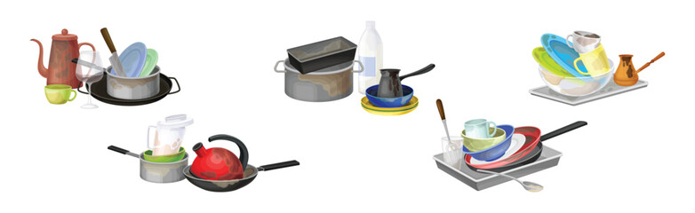 Dirty Dish and Kitchen Utensils Pile for Cleaning Vector Set