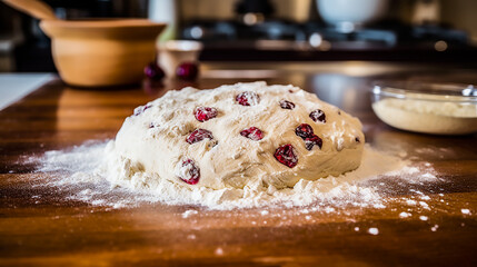 Cranberry scone dough on a lightly floured kitchen countertop. Close-up.