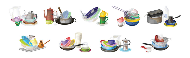 Dirty Dish and Kitchen Utensils Pile for Cleaning Vector Set