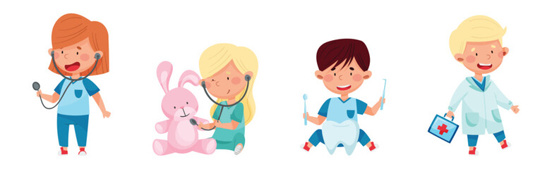 Kid Character Playing Doctors and Nurse Vector Set