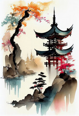Traditional oriental watercolor painting, japanese and chinese style. Ink landscape painting. Far Eastern Pagoda temple, trees and scenery in autumn colors.