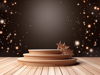 Wooden podium for presentation of products on Christmas background. Ai generated
