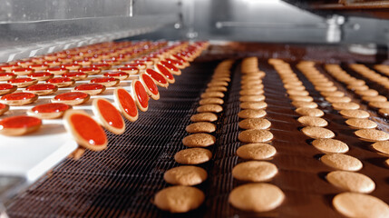 Food industry, biscuit production in factory on conveyor belt. Modern line for bakery cookies