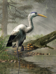 A great blue heron wades in a coastal forested wetland fishing for its lunch. The great blue heron is a large wading bird, the largest type of heron in North America. 3D Rendering