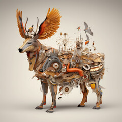 Deer made of wood with a lot of objects on a gray background
