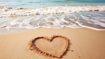 A heart drawn in the sand on the sea coast. Valentine's day banner.