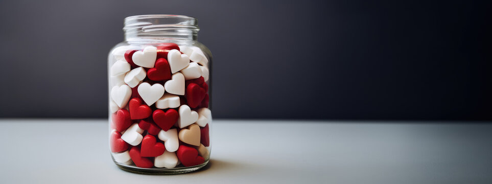 heart-shaped tablets of white and red color in a glass jar. Valentine's Day banner.