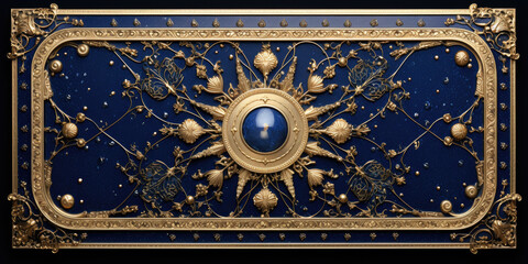 Luxury golden ornament on blue background. Close-up.