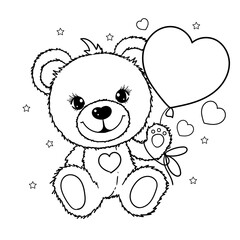 Cute Teddy bear with a heart-shaped ball. Black and white linear drawing. For children's design of coloring books, prints, posters, stickers, cards, puzzles, etc. Vector