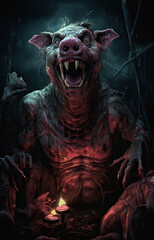 Zombie pig with burning candle in the dark forest. Halloween concept.
