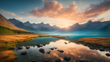 majestic views of the lake and mountains, background