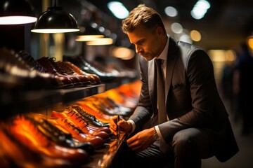 A respectable man chooses clothes in a shop