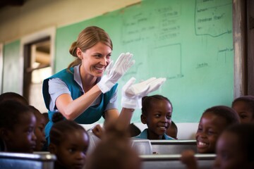 Nurse teaching children about basic hygiene practices in a school.