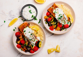 Moroccan  salmon with vegetables and couscous