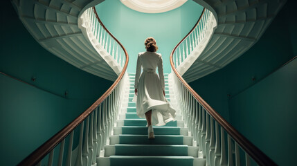a girl in a wedding dress is walking up the stairs. beige dress. Beautiful lady in luxurious ballroom dress walking up the stairs of her palace. Baluster railing on both sides. Vintage concept - obrazy, fototapety, plakaty