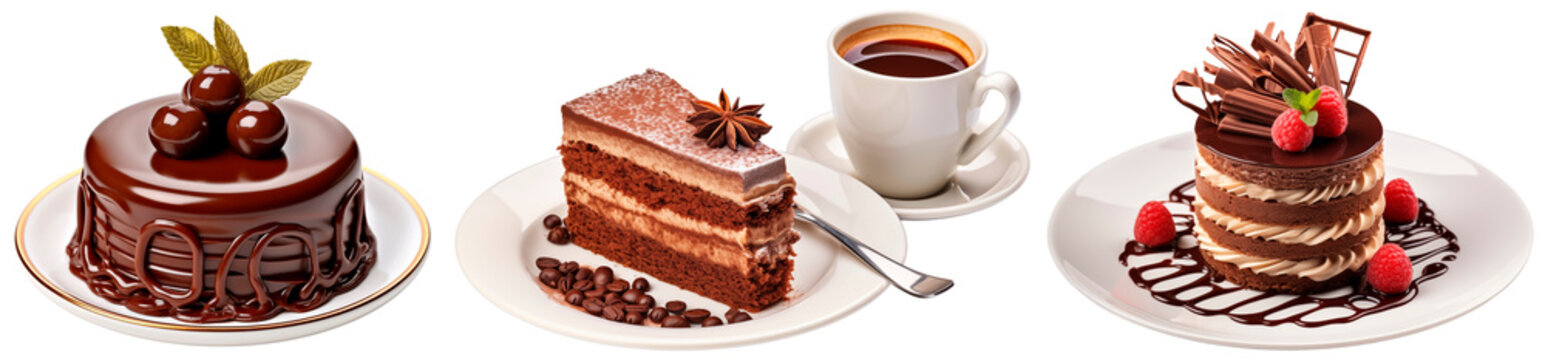 Chocolate set/chocolate dessert set. Chocolate cake on a plate with a cup of coffee. Restaurant serving dessert. Isolated on a transparent background.