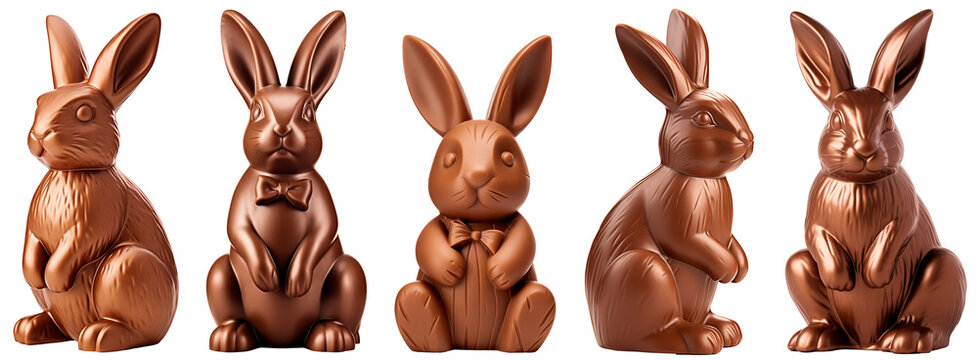 Chocolate bunny/rabbit set. Various chocolate hare/rabbit in front and profile. Isolated on a transparent background.