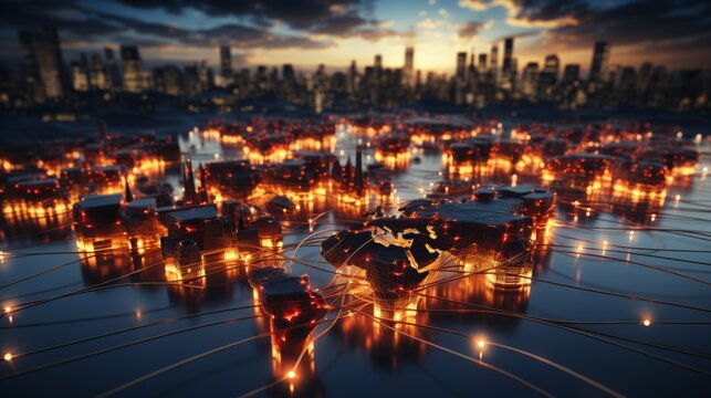 A picture shows routes on a world map connecting the locations of international suppliers and customers