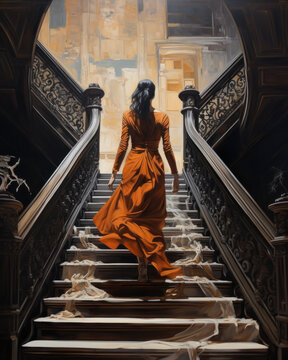 a girl in a wedding dress is walking up the stairs. beige dress. Beautiful lady in luxurious ballroom dress walking up the stairs of her palace. Baluster railing on both sides. Vintage concept