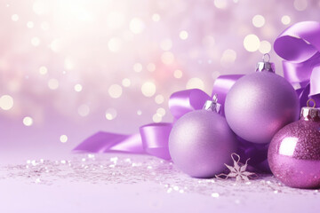 Fototapeta premium Purple christmas balls with brown ornaments and bows on glitter bokeh backdrop. Christmas holiday and festive decoration concept. Generative AI