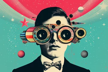 Tuinposter Abstract fine-art and pop-art illustration colorful collage of man with binoculars. Surreal and minimalist looking illustrative art with many details and patterns © Rytis