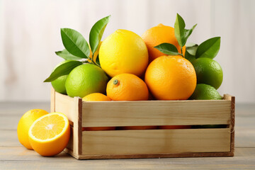 Citrus fruits in a wooden crate on light background. Generative AI - Powered by Adobe