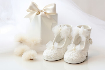 White baby cute booties and gift box on light background. Baby shower. Generative AI