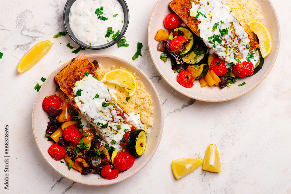 Wall mural moroccan salmon with vegetables and couscous