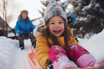 Fototapeta na wymiar children are sledding down a snowy mountain