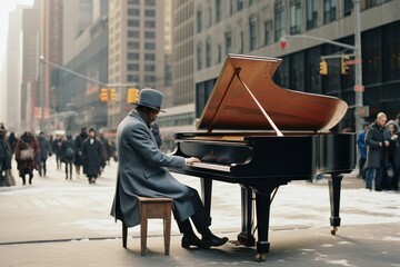 piano player in tailcoat play on piano in the middle of empty New York very windy peopless street