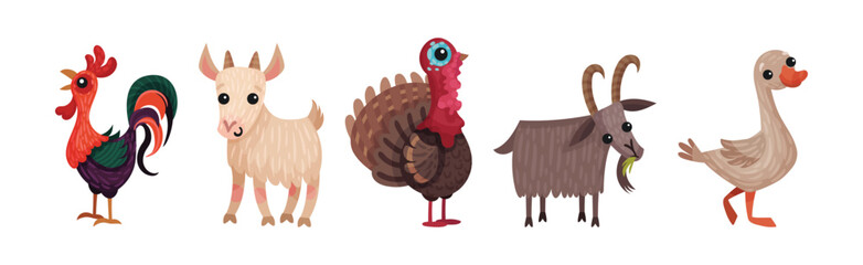 Farm Animals with Cockerel, Goat, Goose and Turkey Vector Set