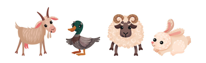 Farm Animals with Goat, Duck, Ram and Bunny Vector Set