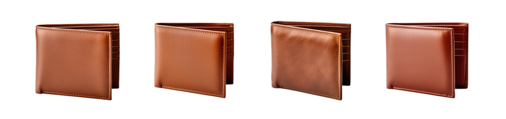 Collection of brown leather wallets, isolated on a transparent background. PNG cutout or clipping path