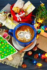holiday Gingerbread Cookies christmas tree shape around garland lights. Merry Christmas and Happy New Year card	