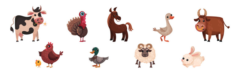 Obraz na płótnie Canvas Farm Animals with Sheep, Cow, Poultry and Horse Vector Set