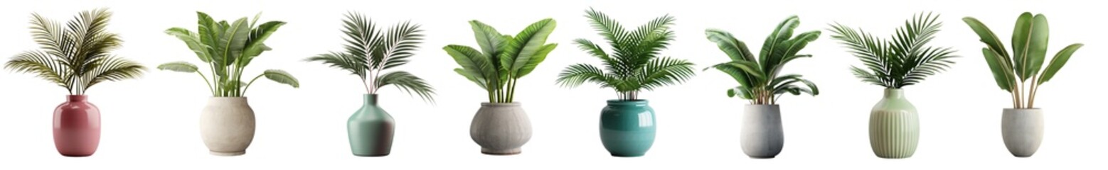 Collection of tropical banana trees (Musa spp.) and coconut palm plants in colorful or gray vases, isolated on a transparent background. PNG cutout or clipping path. - obrazy, fototapety, plakaty