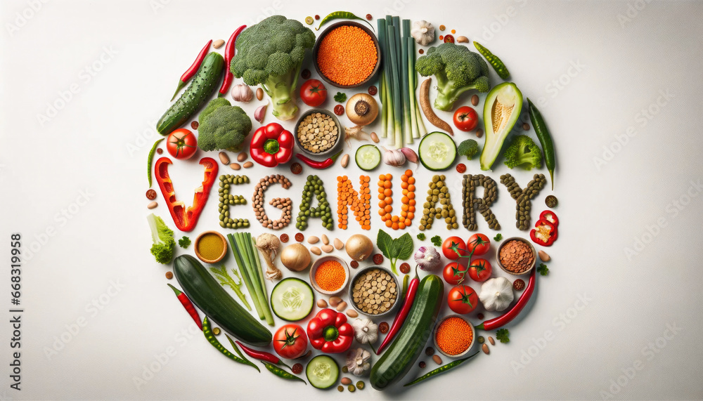 Sticker Vegetarian concept from vegetables, fruits and plant based protein food top view. Veganuary month long vegan commitment in January.