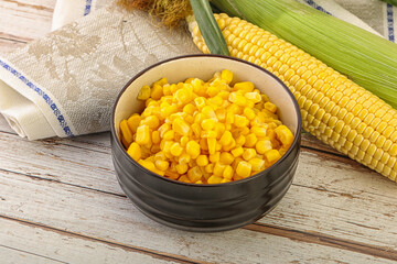 Canned yellow corn in the bowl