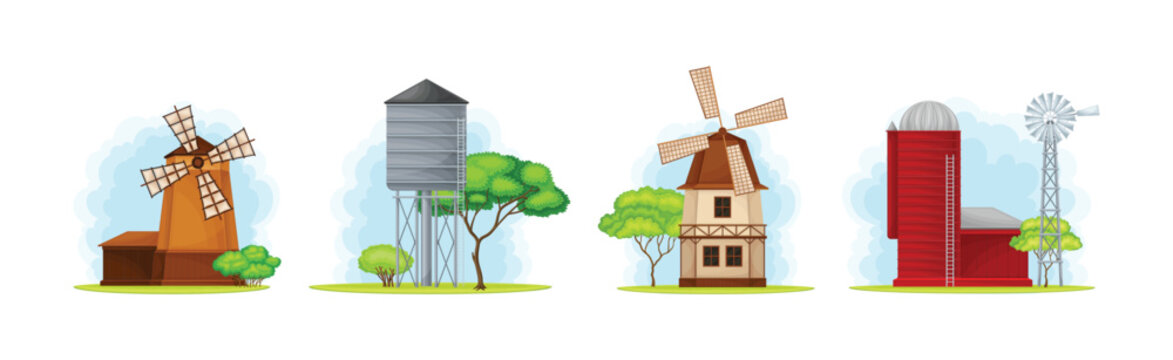 Rural Farm Building with Windmill and Water Tower Vector Set
