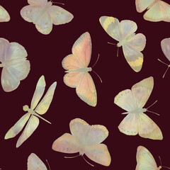Seamless watercolor pattern, abstract botanical background, bright butterflies for design, wallpapers, invitations.