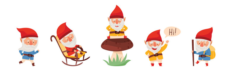 Fantastic Gnome Character with White Beard and Red Pointed Hat Vector Illustration Set