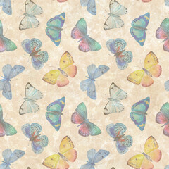 Fototapeta na wymiar Seamless background of watercolor butterflies, colorful butterflies for wallpapers, textiles, wrapping paper, postcards.