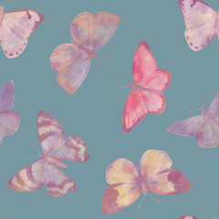 Abstract seamless pattern, pink butterflies on a green background..Watercolor butterflies for design, packaging, greeting cards.