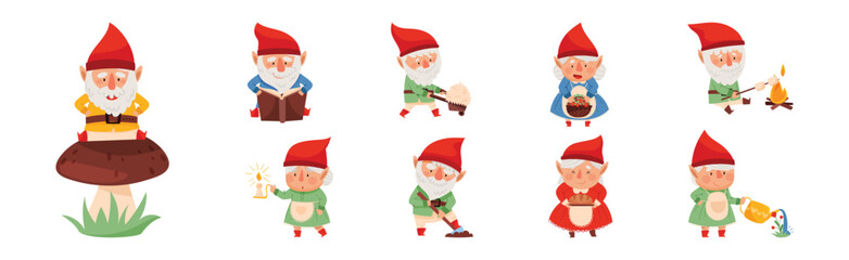 Fantastic Man and Woman Gnome Character in Red Pointed Hat Vector Illustration Set