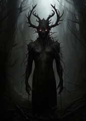 black clad demon in a forest, concept art, generative ai 